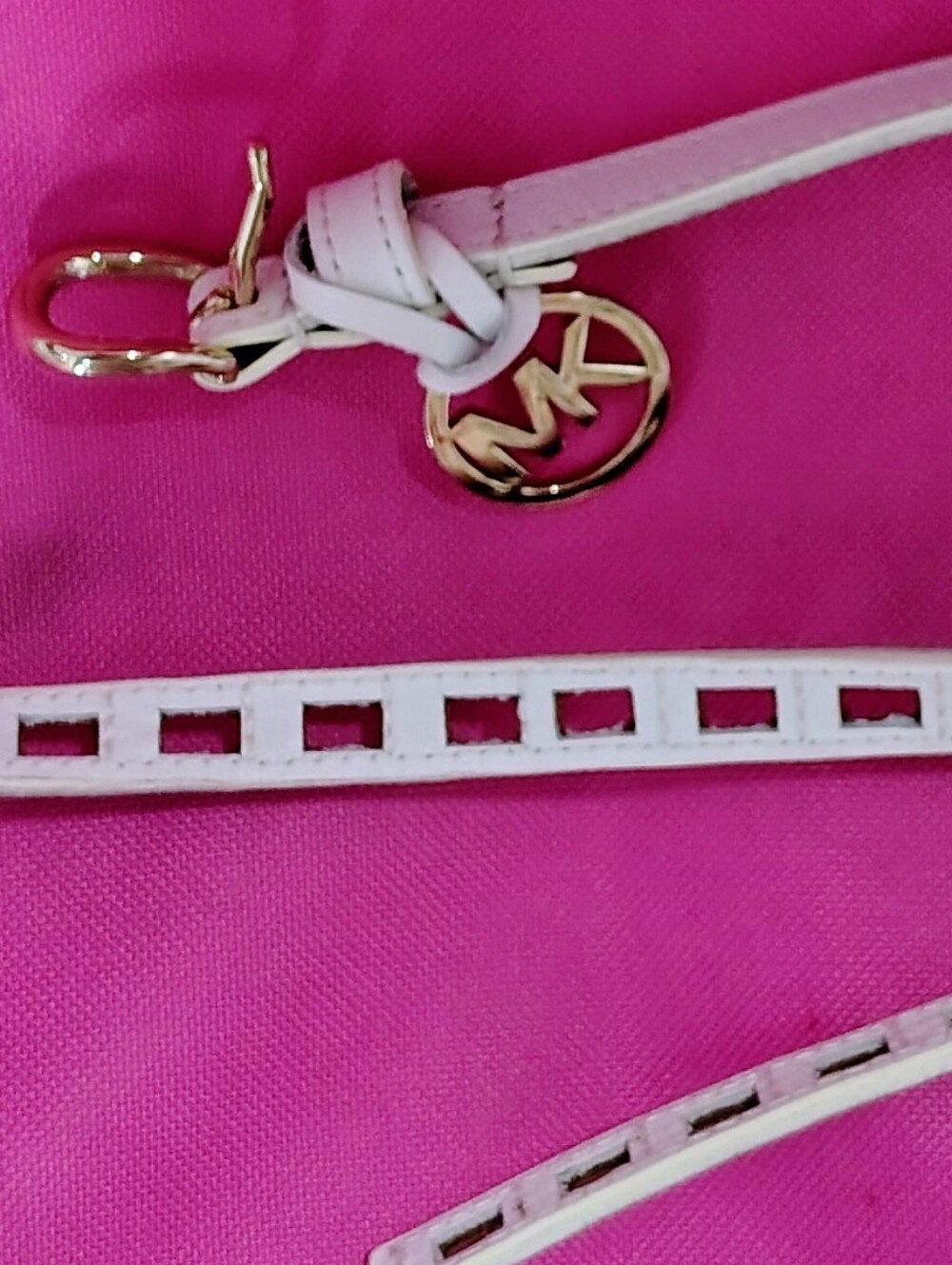 Michael Kors Skinny White Leather Belt w Gold MK Charm & Square Cut-outs